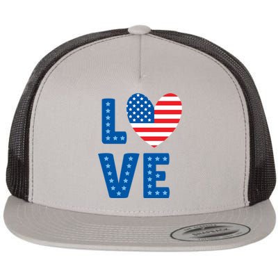 Love American Flag Heart 4th Of July Flat Bill Trucker Hat