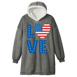 Love American Flag Heart 4th Of July Hooded Wearable Blanket