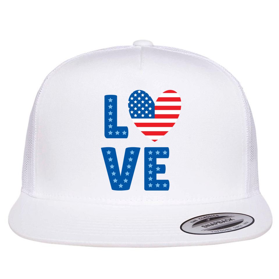 Love American Flag Heart 4th Of July Flat Bill Trucker Hat
