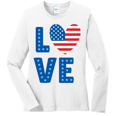 Love American Flag Heart 4th Of July Ladies Long Sleeve Shirt