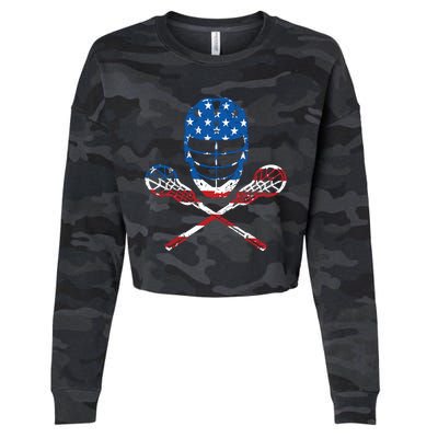 Lacrosse American Flag Lax Helmet Sticks 4th Of July Gifts Cropped Pullover Crew