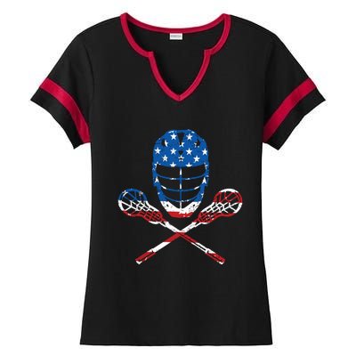 Lacrosse American Flag Lax Helmet Sticks 4th Of July Gifts Ladies Halftime Notch Neck Tee