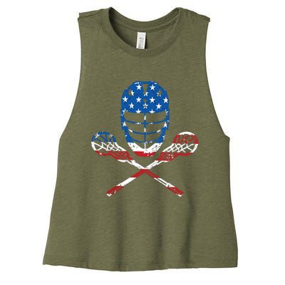 Lacrosse American Flag Lax Helmet Sticks 4th Of July Gifts Women's Racerback Cropped Tank