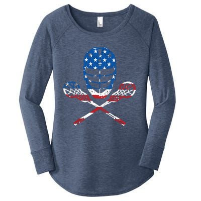 Lacrosse American Flag Lax Helmet Sticks 4th Of July Gifts Women's Perfect Tri Tunic Long Sleeve Shirt