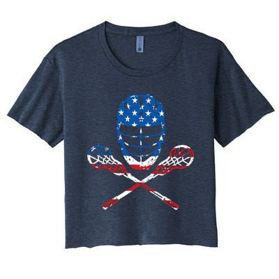 Lacrosse American Flag Lax Helmet Sticks 4th Of July Gifts Women's Crop Top Tee