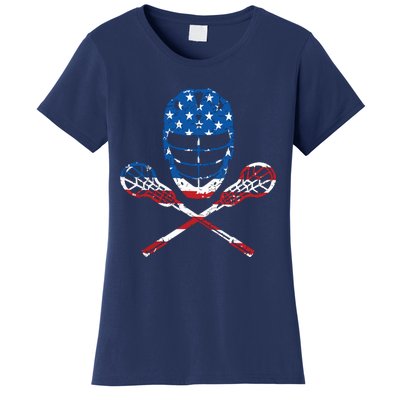 Lacrosse American Flag Lax Helmet Sticks 4th Of July Gifts Women's T-Shirt