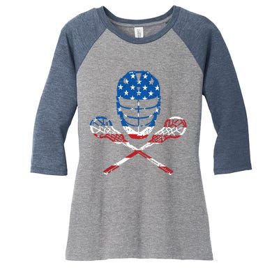 Lacrosse American Flag Lax Helmet Sticks 4th Of July Gifts Women's Tri-Blend 3/4-Sleeve Raglan Shirt