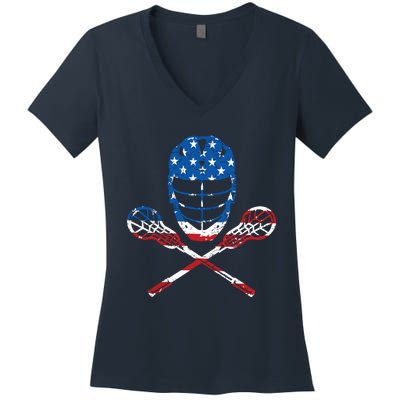 Lacrosse American Flag Lax Helmet Sticks 4th Of July Gifts Women's V-Neck T-Shirt