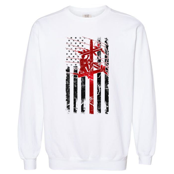 Lineman American Flag Electric Cable Lineworker Garment-Dyed Sweatshirt