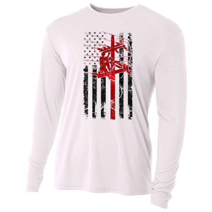 Lineman American Flag Electric Cable Lineworker Cooling Performance Long Sleeve Crew