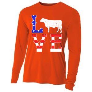 Love American Flag Patriotic Cow Farming Hereford Cattle Gift Cooling Performance Long Sleeve Crew