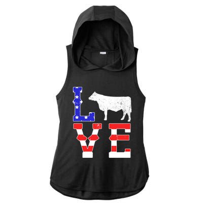 Love American Flag Patriotic Cow Farming Hereford Cattle Gift Ladies PosiCharge Tri-Blend Wicking Draft Hoodie Tank