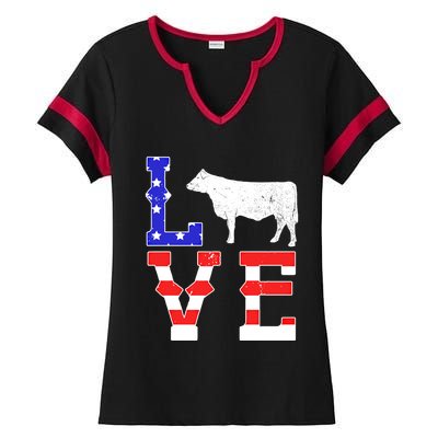 Love American Flag Patriotic Cow Farming Hereford Cattle Gift Ladies Halftime Notch Neck Tee