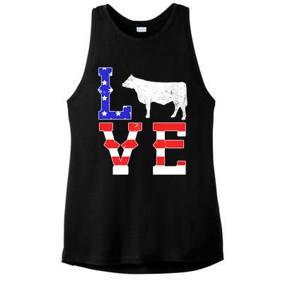 Love American Flag Patriotic Cow Farming Hereford Cattle Gift Ladies PosiCharge Tri-Blend Wicking Tank