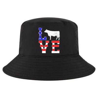 Love American Flag Patriotic Cow Farming Hereford Cattle Gift Cool Comfort Performance Bucket Hat