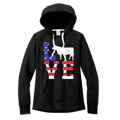 Love American Flag Patriotic Cow Farming Hereford Cattle Gift Women's Fleece Hoodie