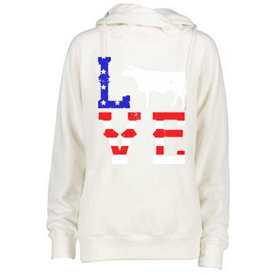 Love American Flag Patriotic Cow Farming Hereford Cattle Gift Womens Funnel Neck Pullover Hood