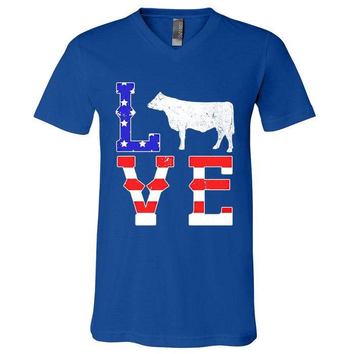 Love American Flag Patriotic Cow Farming Hereford Cattle Gift V-Neck T-Shirt