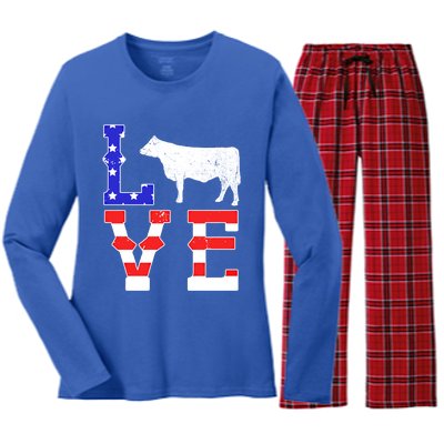 Love American Flag Patriotic Cow Farming Hereford Cattle Gift Women's Long Sleeve Flannel Pajama Set 