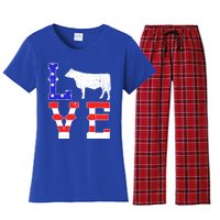 Love American Flag Patriotic Cow Farming Hereford Cattle Gift Women's Flannel Pajama Set