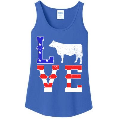 Love American Flag Patriotic Cow Farming Hereford Cattle Gift Ladies Essential Tank