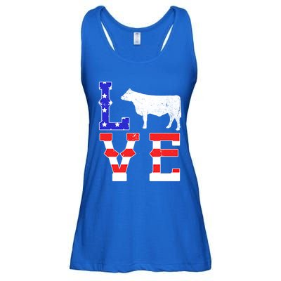 Love American Flag Patriotic Cow Farming Hereford Cattle Gift Ladies Essential Flowy Tank