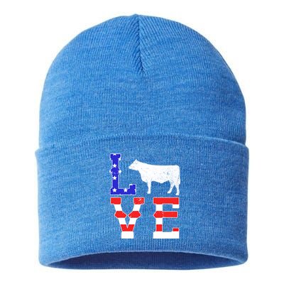 Love American Flag Patriotic Cow Farming Hereford Cattle Gift Sustainable Knit Beanie