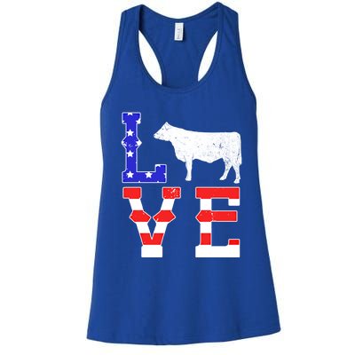 Love American Flag Patriotic Cow Farming Hereford Cattle Gift Women's Racerback Tank