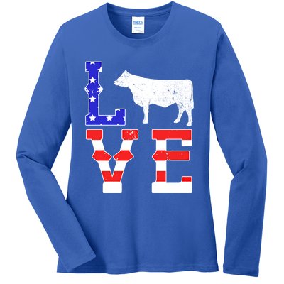 Love American Flag Patriotic Cow Farming Hereford Cattle Gift Ladies Long Sleeve Shirt