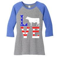 Love American Flag Patriotic Cow Farming Hereford Cattle Gift Women's Tri-Blend 3/4-Sleeve Raglan Shirt