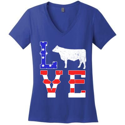 Love American Flag Patriotic Cow Farming Hereford Cattle Gift Women's V-Neck T-Shirt