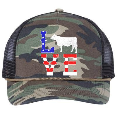 Love American Flag Patriotic Cow Farming Hereford Cattle Gift Retro Rope Trucker Hat Cap