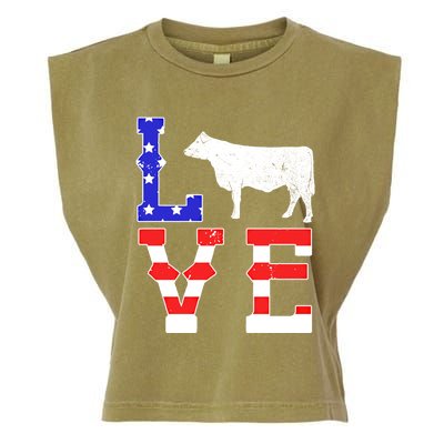 Love American Flag Patriotic Cow Farming Hereford Cattle Gift Garment-Dyed Women's Muscle Tee