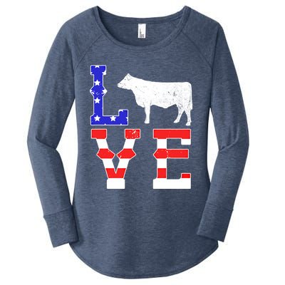 Love American Flag Patriotic Cow Farming Hereford Cattle Gift Women's Perfect Tri Tunic Long Sleeve Shirt