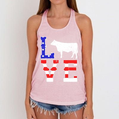 Love American Flag Patriotic Cow Farming Hereford Cattle Gift Women's Knotted Racerback Tank