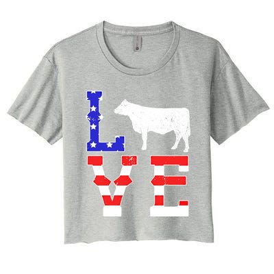 Love American Flag Patriotic Cow Farming Hereford Cattle Gift Women's Crop Top Tee