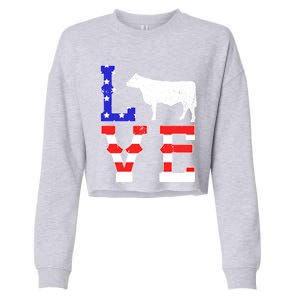 Love American Flag Patriotic Cow Farming Hereford Cattle Gift Cropped Pullover Crew