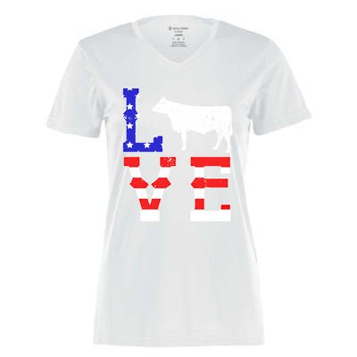 Love American Flag Patriotic Cow Farming Hereford Cattle Gift Women's Momentum V-Neck T-Shirt