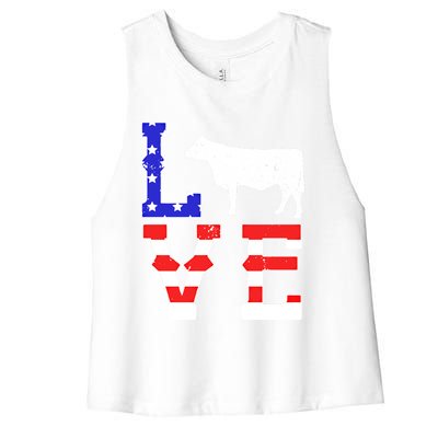 Love American Flag Patriotic Cow Farming Hereford Cattle Gift Women's Racerback Cropped Tank