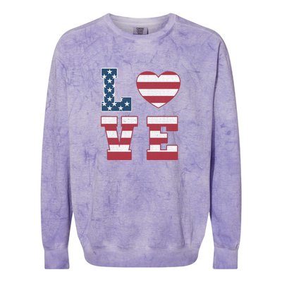 Love American Flag 4th Of July Patriotic American Women Colorblast Crewneck Sweatshirt