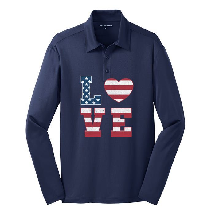 Love American Flag 4th Of July Patriotic American Women Silk Touch Performance Long Sleeve Polo