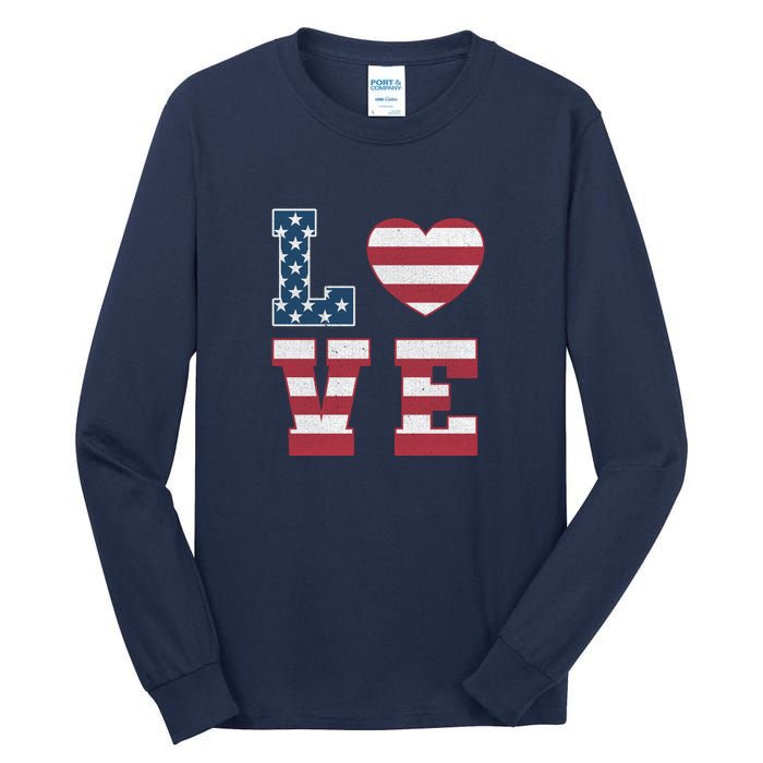 Love American Flag 4th Of July Patriotic American Women Tall Long Sleeve T-Shirt