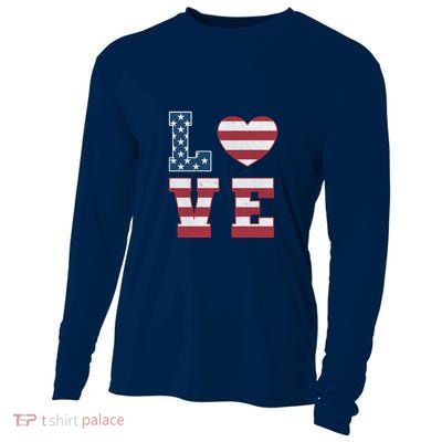 Love American Flag 4th Of July Patriotic American Women Cooling Performance Long Sleeve Crew