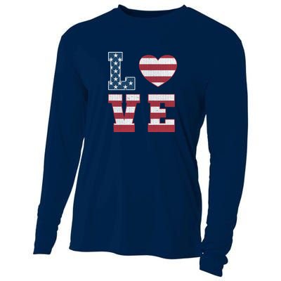 Love American Flag 4th Of July Patriotic American Women Cooling Performance Long Sleeve Crew