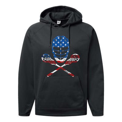 Lacrosse American Flag Lax Helmet Sticks 4th Of July Gifts Performance Fleece Hoodie