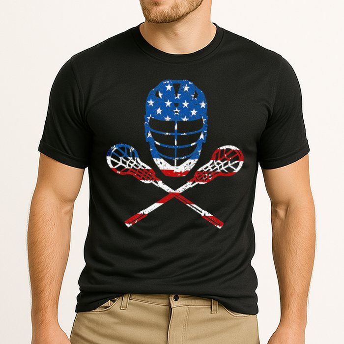 Lacrosse American Flag Lax Helmet Sticks 4th Of July Gifts Cooling Performance Crew T-Shirt