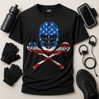 Lacrosse American Flag Lax Helmet Sticks 4th Of July Gifts Cooling Performance Crew T-Shirt