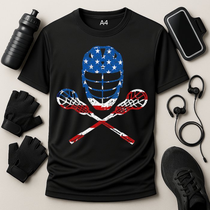 Lacrosse American Flag Lax Helmet Sticks 4th Of July Gifts Cooling Performance Crew T-Shirt