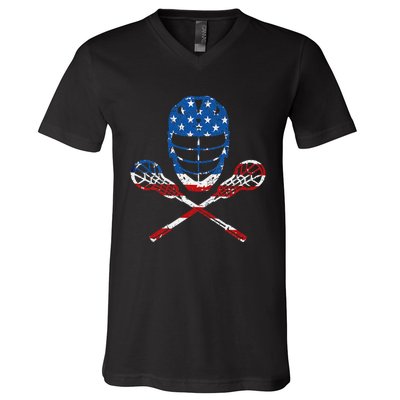 Lacrosse American Flag Lax Helmet Sticks 4th Of July Gifts V-Neck T-Shirt