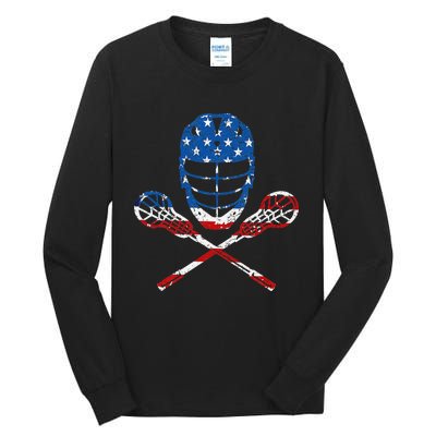 Lacrosse American Flag Lax Helmet Sticks 4th Of July Gifts Tall Long Sleeve T-Shirt